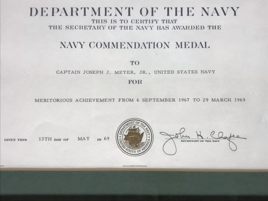 (4) Framed USN Award Certificates Presented To Captain Joseph J. Meyer, Jr. USN: Bronze Star Medal, Navy Commendation Medal And Legion Of Merit (Hand Signed By Former Secretary Of The Navy:2 Signed By John Chafee And 2 Signed By J. William Middendorf) [Photo 6]
