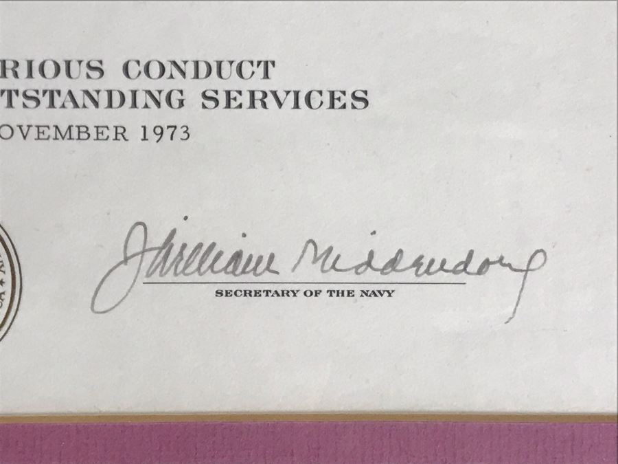 (4) Framed USN Award Certificates Presented To Captain Joseph J. Meyer, Jr. USN: Bronze Star Medal, Navy Commendation Medal And Legion Of Merit (Hand Signed By Former Secretary Of The Navy:2 Signed By John Chafee And 2 Signed By J. William Middendorf) [Photo 10]