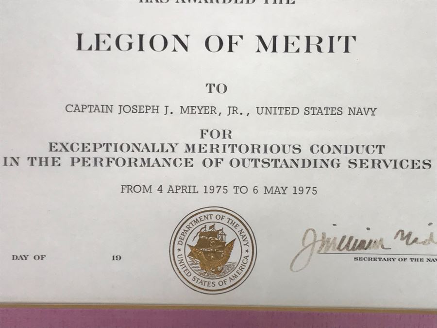 (4) Framed USN Award Certificates Presented To Captain Joseph J. Meyer, Jr. USN: Bronze Star Medal, Navy Commendation Medal And Legion Of Merit (Hand Signed By Former Secretary Of The Navy:2 Signed By John Chafee And 2 Signed By J. William Middendorf) [Photo 12]