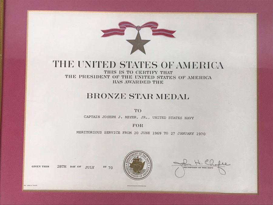 (4) Framed USN Award Certificates Presented To Captain Joseph J. Meyer, Jr. USN: Bronze Star Medal, Navy Commendation Medal And Legion Of Merit (Hand Signed By Former Secretary Of The Navy:2 Signed By John Chafee And 2 Signed By J. William Middendorf) [Photo 2]