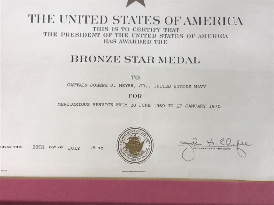 (4) Framed USN Award Certificates Presented To Captain Joseph J. Meyer, Jr. USN: Bronze Star Medal, Navy Commendation Medal And Legion Of Merit (Hand Signed By Former Secretary Of The Navy:2 Signed By John Chafee And 2 Signed By J. William Middendorf) [Photo 3]