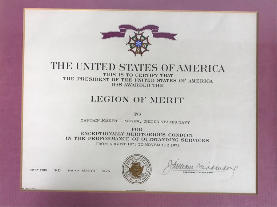 (4) Framed USN Award Certificates Presented To Captain Joseph J. Meyer, Jr. USN: Bronze Star Medal, Navy Commendation Medal And Legion Of Merit (Hand Signed By Former Secretary Of The Navy:2 Signed By John Chafee And 2 Signed By J. William Middendorf) [Photo 8]