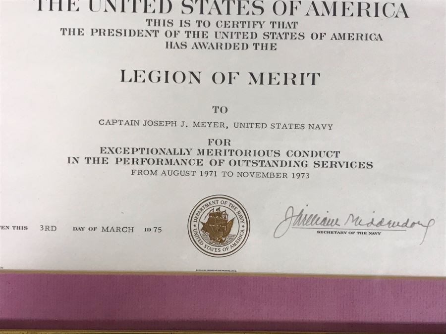 (4) Framed USN Award Certificates Presented To Captain Joseph J. Meyer, Jr. USN: Bronze Star Medal, Navy Commendation Medal And Legion Of Merit (Hand Signed By Former Secretary Of The Navy:2 Signed By John Chafee And 2 Signed By J. William Middendorf) [Photo 9]