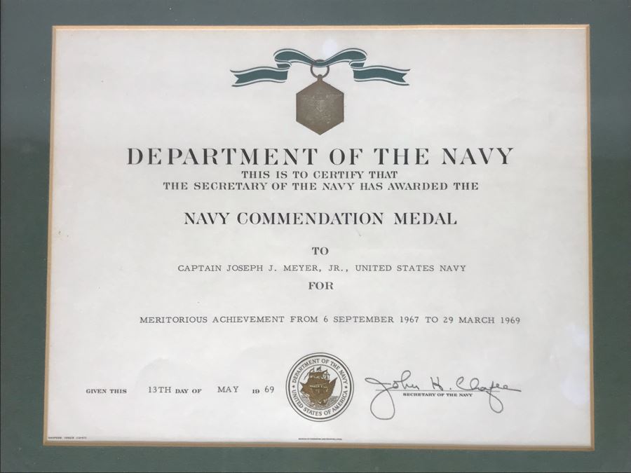 (4) Framed USN Award Certificates Presented To Captain Joseph J. Meyer, Jr. USN: Bronze Star Medal, Navy Commendation Medal And Legion Of Merit (Hand Signed By Former Secretary Of The Navy:2 Signed By John Chafee And 2 Signed By J. William Middendorf) [Photo 5]