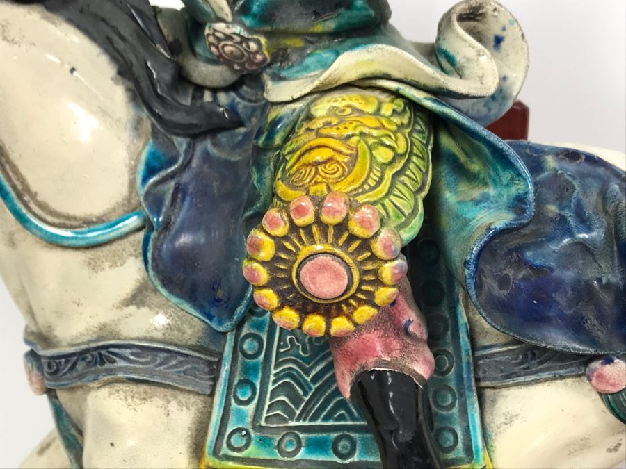 Vintage Signed Chinese Roof Tile Of Man Riding Horse With Wooden Display Stand 13W X 5D X 14H [Photo 6]