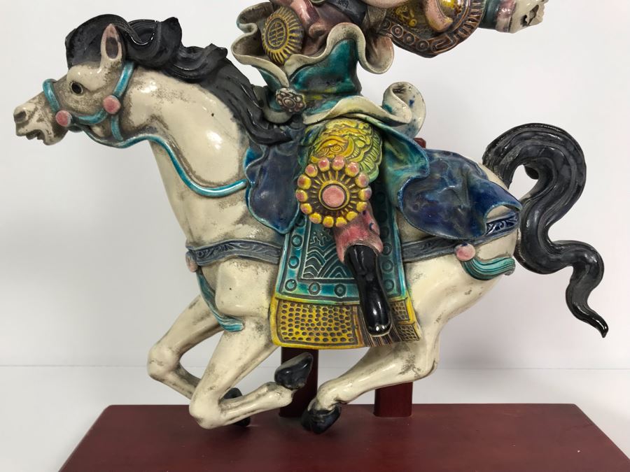 Vintage Signed Chinese Roof Tile Of Man Riding Horse With Wooden Display Stand 13W X 5D X 14H [Photo 5]