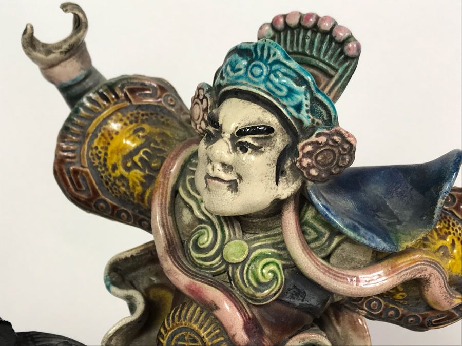 Vintage Signed Chinese Roof Tile Of Man Riding Horse With Wooden Display Stand 13W X 5D X 14H [Photo 7]