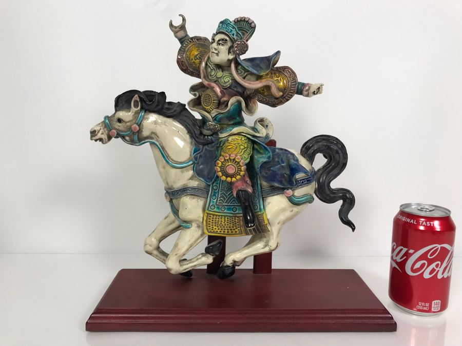 Vintage Signed Chinese Roof Tile Of Man Riding Horse With Wooden Display Stand 13W X 5D X 14H [Photo 1]