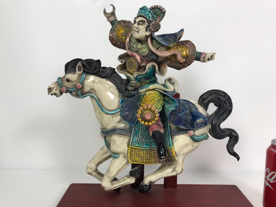 Vintage Signed Chinese Roof Tile Of Man Riding Horse With Wooden Display Stand 13W X 5D X 14H [Photo 3]