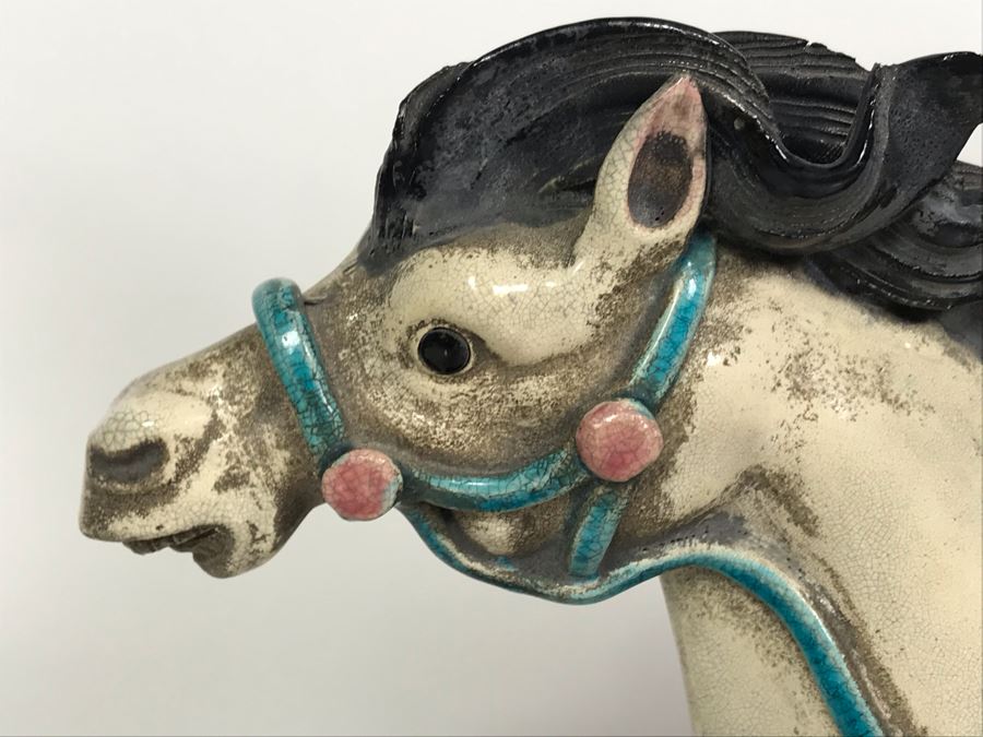 Vintage Signed Chinese Roof Tile Of Man Riding Horse With Wooden Display Stand 13W X 5D X 14H [Photo 8]