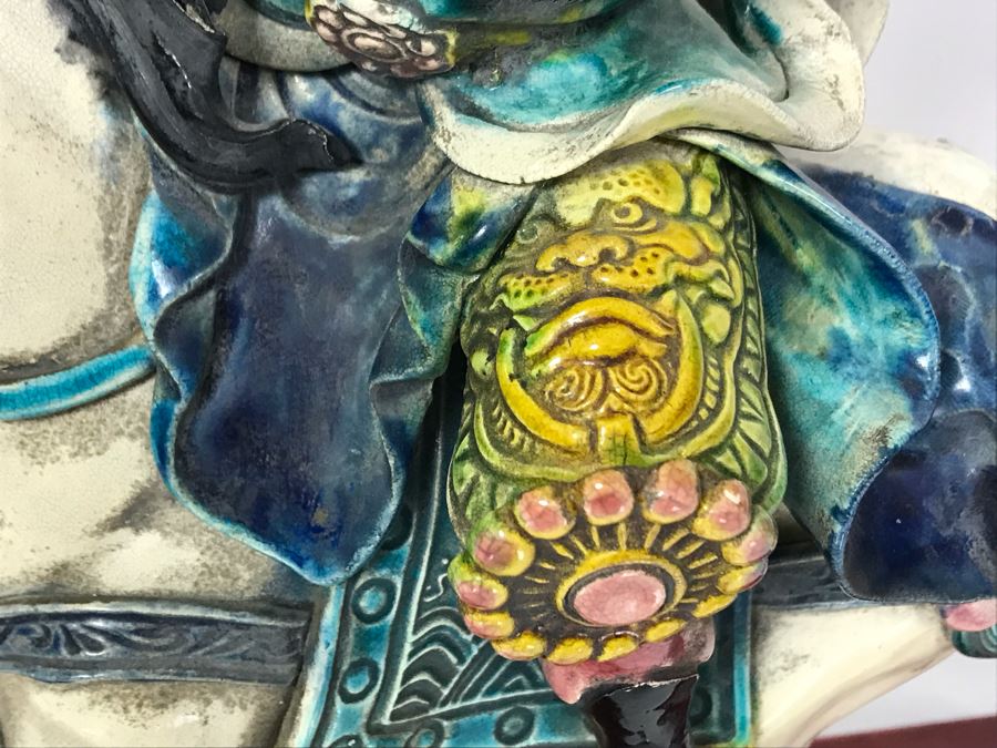 Vintage Signed Chinese Roof Tile Of Man Riding Horse With Wooden Display Stand 13W X 5D X 14H [Photo 9]