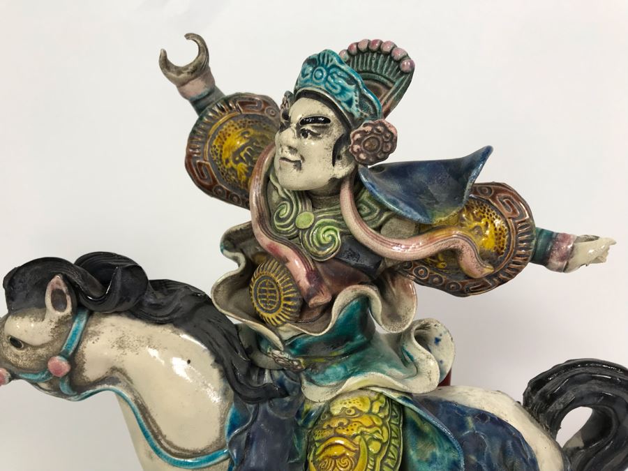 Vintage Signed Chinese Roof Tile Of Man Riding Horse With Wooden Display Stand 13W X 5D X 14H [Photo 4]