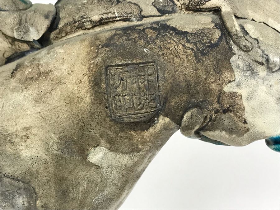 Vintage Signed Chinese Roof Tile Of Man Riding Horse With Wooden Display Stand 13W X 5D X 14H [Photo 12]