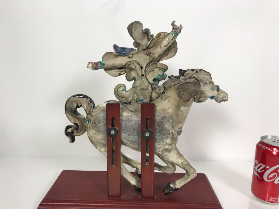 Vintage Signed Chinese Roof Tile Of Man Riding Horse With Wooden Display Stand 13W X 5D X 14H [Photo 11]