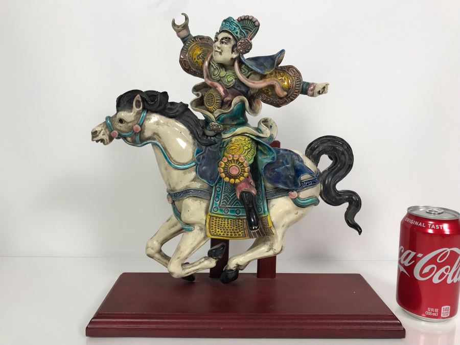 Vintage Signed Chinese Roof Tile Of Man Riding Horse With Wooden Display Stand 13W X 5D X 14H [Photo 2]