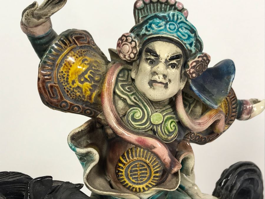 Vintage Signed Chinese Roof Tile Of Man Riding Horse With Wooden Display Stand 13W X 5D X 14H [Photo 10]