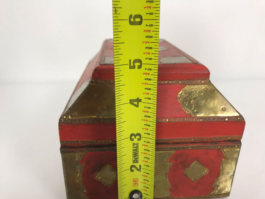 Vintage Red Wooden Box With Brass Decorations Made In India 9W X 6D X 5H (JKE) [Photo 9]