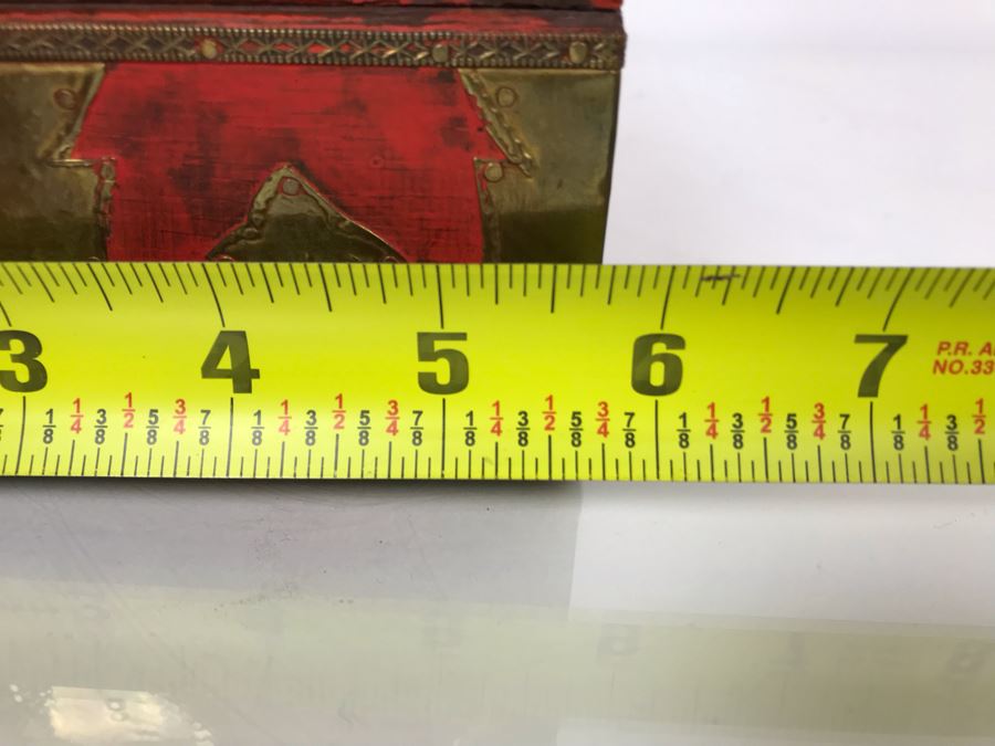 Vintage Red Wooden Box With Brass Decorations Made In India 9W X 6D X 5H (JKE) [Photo 8]