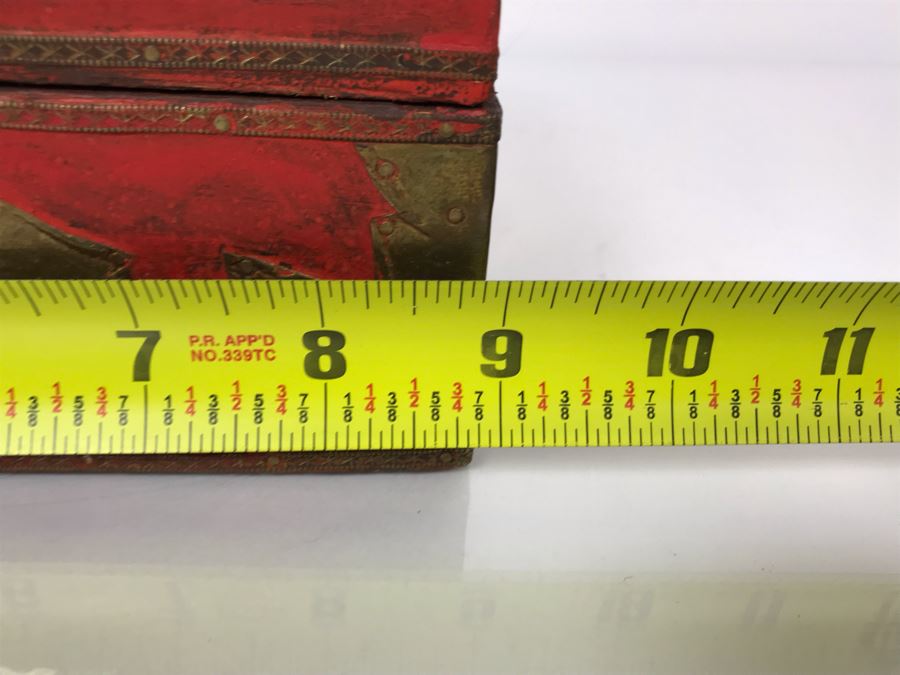 Vintage Red Wooden Box With Brass Decorations Made In India 9W X 6D X 5H (JKE) [Photo 7]