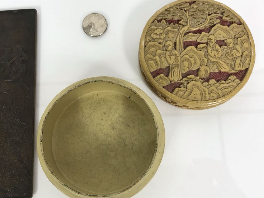 Vintage Chinese Round Box 4R And Metal Asian Artwork With Carp In Waterfall 3 X 7 - See Photos (JKE) [Photo 5]