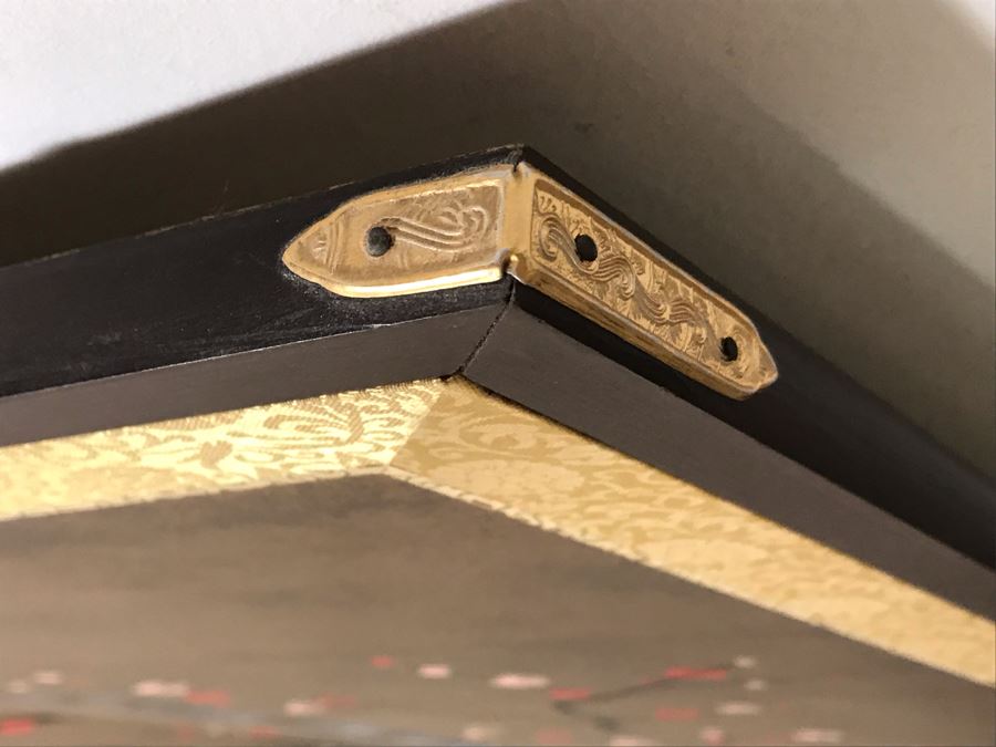 Signed Japanese Original Painting On Four Panel Screen Of Tree Branches And Cherry Blossums On Gold Foil Background Signed Lower Right With Wall Mounts For Hanging 66W X 36H (USNE) [Photo 10]