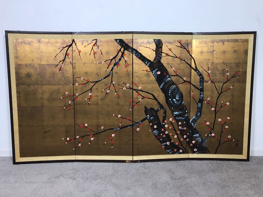 Signed Japanese Original Painting On Four Panel Screen Of Tree Branches And Cherry Blossums On Gold Foil Background Signed Lower Right With Wall Mounts For Hanging 66W X 36H (USNE) [Photo 2]