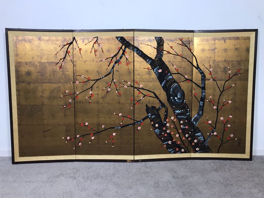 Signed Japanese Original Painting On Four Panel Screen Of Tree Branches And Cherry Blossums On Gold Foil Background Signed Lower Right With Wall Mounts For Hanging 66W X 36H (USNE) [Photo 3]