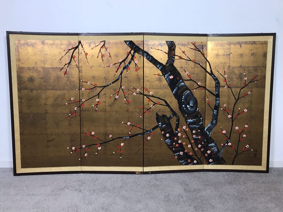 Signed Japanese Original Painting On Four Panel Screen Of Tree Branches And Cherry Blossums On Gold Foil Background Signed Lower Right With Wall Mounts For Hanging 66W X 36H (USNE) [Photo 1]