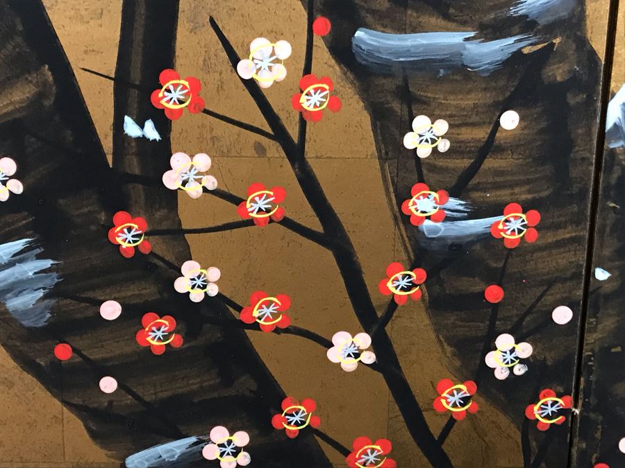 Signed Japanese Original Painting On Four Panel Screen Of Tree Branches And Cherry Blossums On Gold Foil Background Signed Lower Right With Wall Mounts For Hanging 66W X 36H (USNE) [Photo 9]