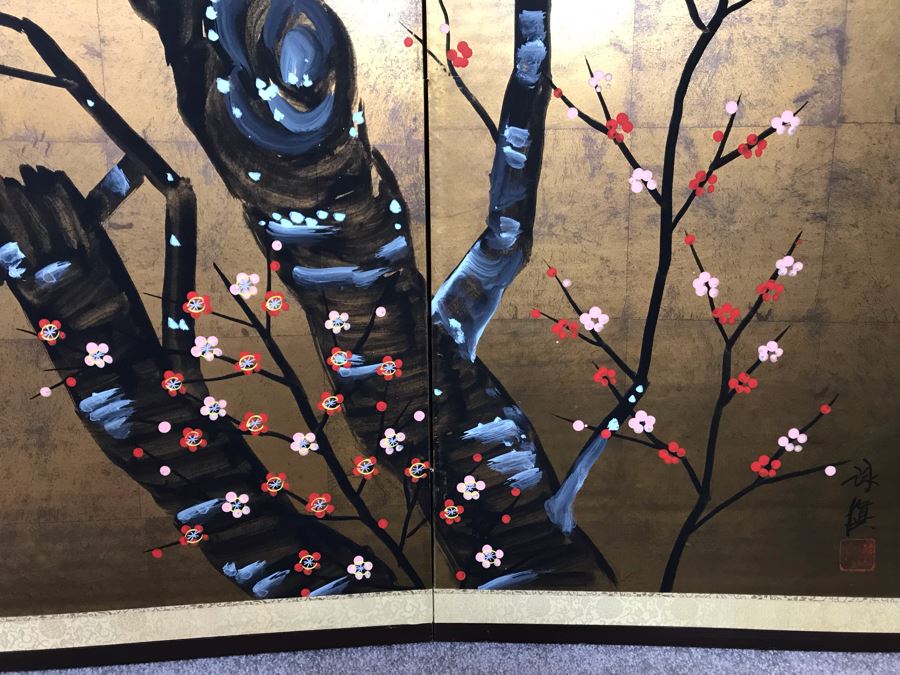 Signed Japanese Original Painting On Four Panel Screen Of Tree Branches And Cherry Blossums On Gold Foil Background Signed Lower Right With Wall Mounts For Hanging 66W X 36H (USNE) [Photo 6]