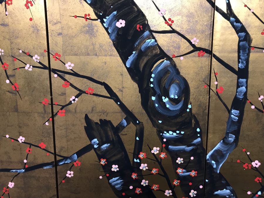 Signed Japanese Original Painting On Four Panel Screen Of Tree Branches And Cherry Blossums On Gold Foil Background Signed Lower Right With Wall Mounts For Hanging 66W X 36H (USNE) [Photo 5]