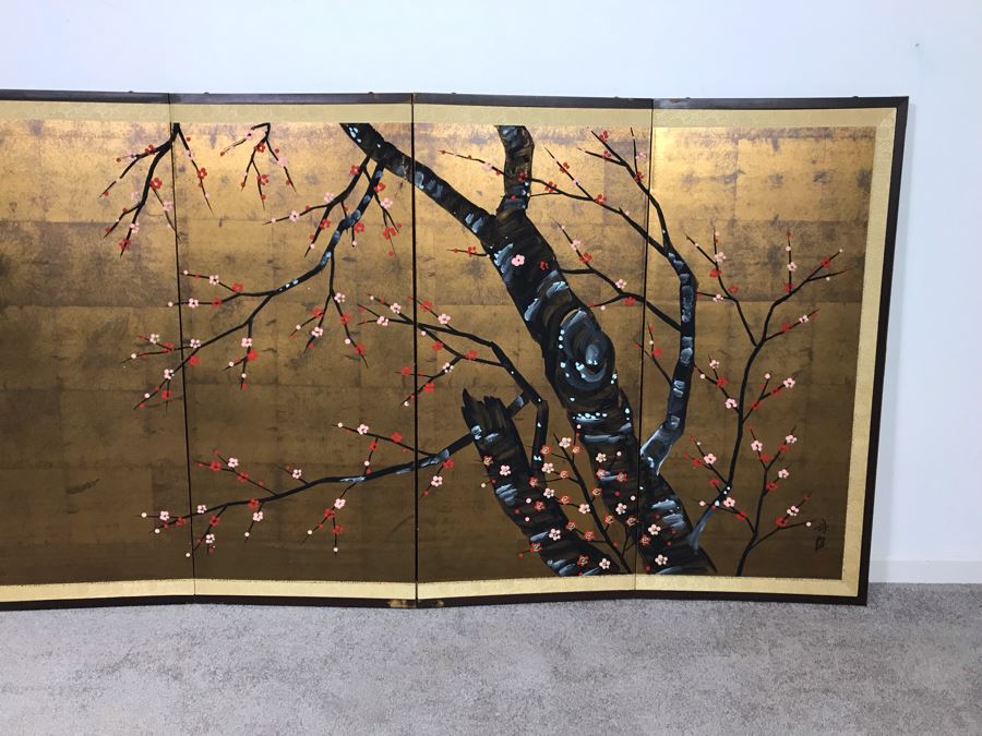 Signed Japanese Original Painting On Four Panel Screen Of Tree Branches And Cherry Blossums On Gold Foil Background Signed Lower Right With Wall Mounts For Hanging 66W X 36H (USNE) [Photo 4]