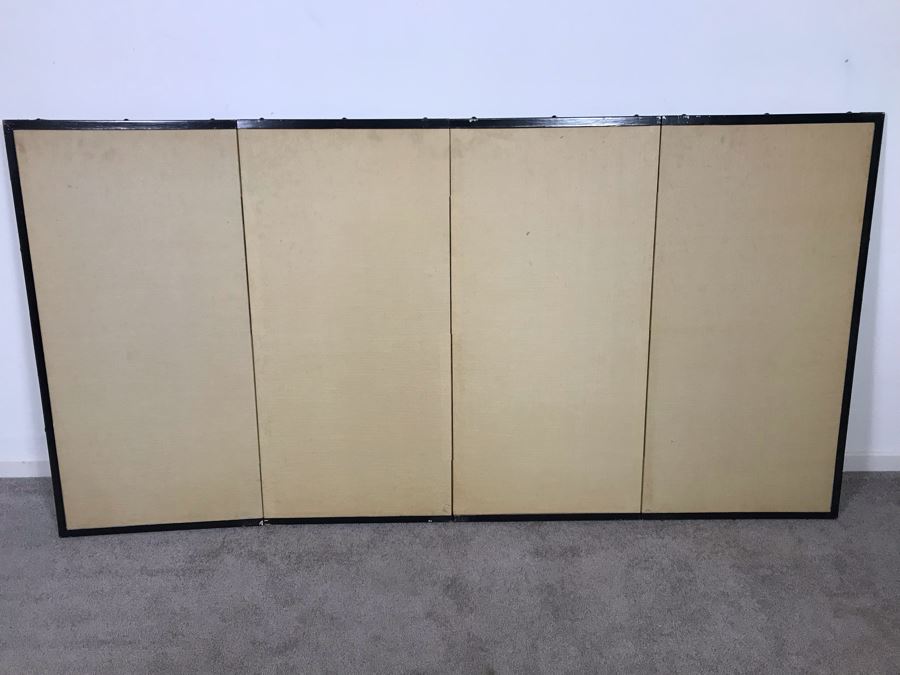 Signed Japanese Original Painting On Four Panel Screen Of Tree Branches And Cherry Blossums With Bird On Gold Background Signed Lower Right With Wall Mounts For Hanging 70.5W X 36H (Slight Tear As Shown In Photos)  (OHE) [Photo 14]