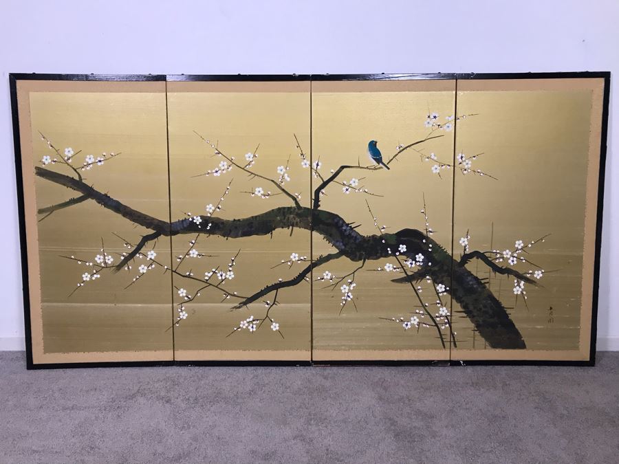 Signed Japanese Original Painting On Four Panel Screen Of Tree Branches And Cherry Blossums With Bird On Gold Background Signed Lower Right With Wall Mounts For Hanging 70.5W X 36H (Slight Tear As Shown In Photos)  (OHE) [Photo 2]