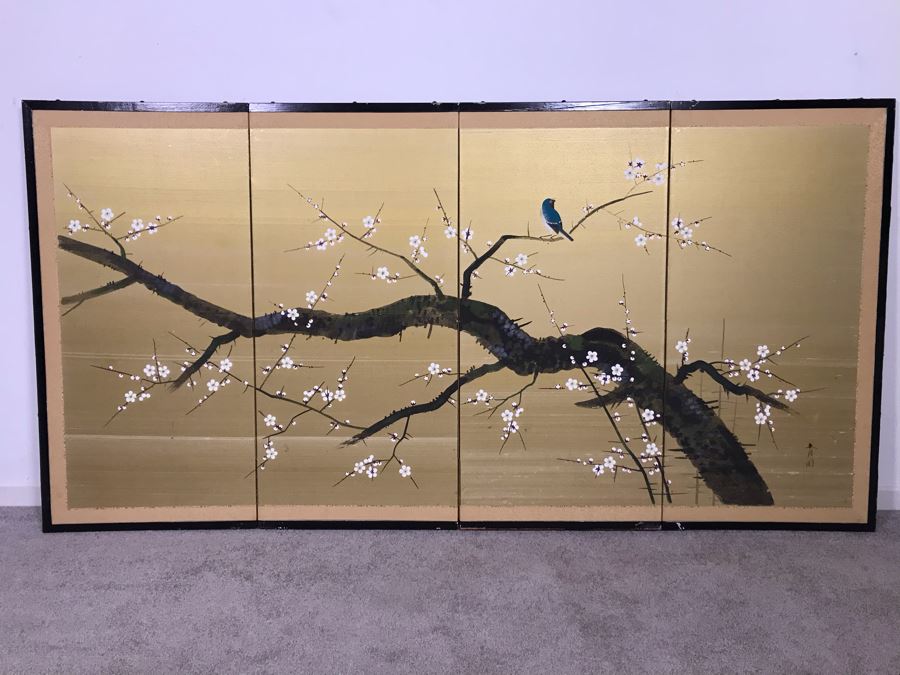 Signed Japanese Original Painting On Four Panel Screen Of Tree Branches And Cherry Blossums With Bird On Gold Background Signed Lower Right With Wall Mounts For Hanging 70.5W X 36H (Slight Tear As Shown In Photos)  (OHE)