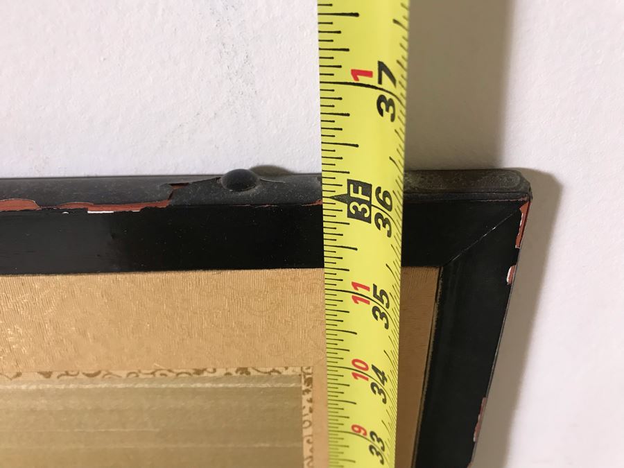 Signed Japanese Original Painting On Four Panel Screen Of Tree Branches And Cherry Blossums With Bird On Gold Background Signed Lower Right With Wall Mounts For Hanging 70.5W X 36H (Slight Tear As Shown In Photos)  (OHE) [Photo 12]