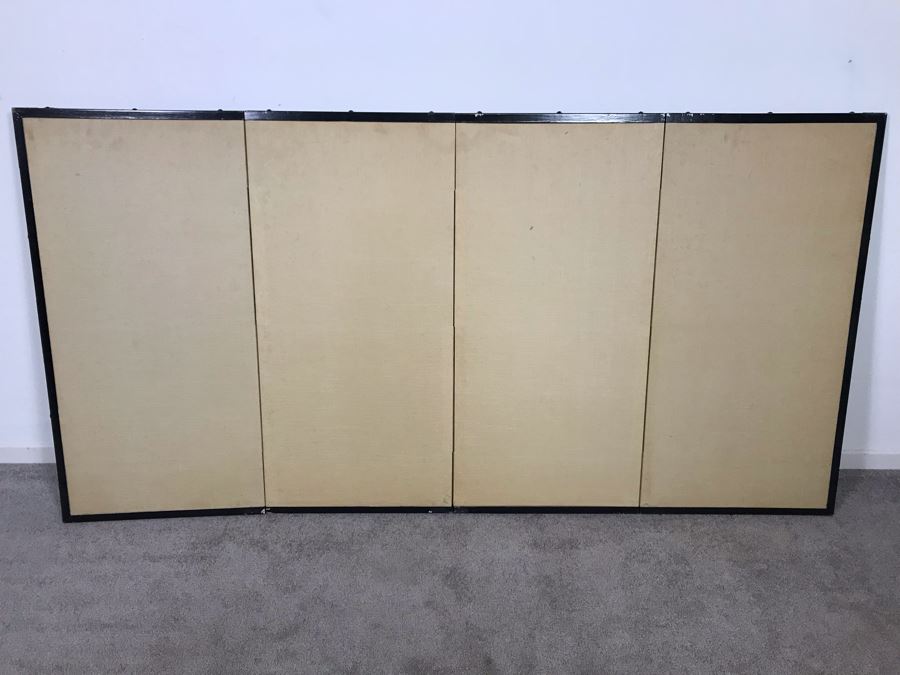 Signed Japanese Original Painting On Four Panel Screen Of Tree Branches And Cherry Blossums With Bird On Gold Background Signed Lower Right With Wall Mounts For Hanging 70.5W X 36H (Slight Tear As Shown In Photos)  (OHE) [Photo 13]