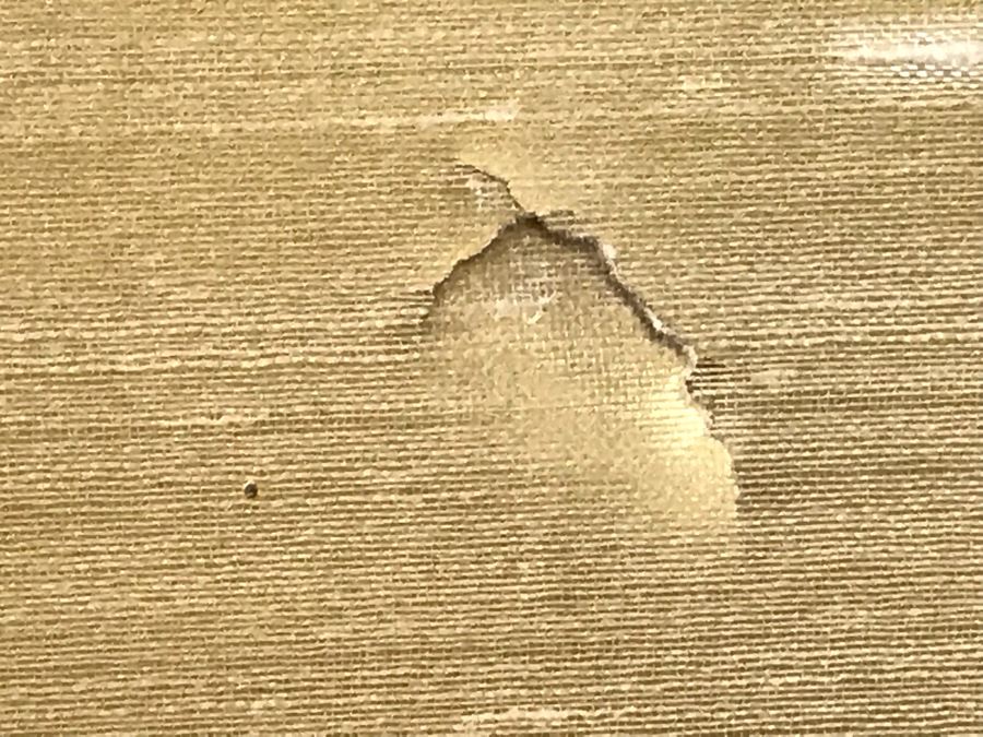 Signed Japanese Original Painting On Four Panel Screen Of Tree Branches And Cherry Blossums With Bird On Gold Background Signed Lower Right With Wall Mounts For Hanging 70.5W X 36H (Slight Tear As Shown In Photos)  (OHE) [Photo 9]