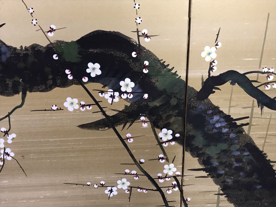 Signed Japanese Original Painting On Four Panel Screen Of Tree Branches And Cherry Blossums With Bird On Gold Background Signed Lower Right With Wall Mounts For Hanging 70.5W X 36H (Slight Tear As Shown In Photos)  (OHE) [Photo 5]