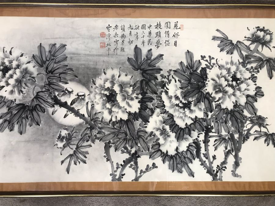 Large Stunning Original Vintage Signed Chinese B&W Painting With Flowers And Pair Of Birds 52W X 27H [Photo 4]