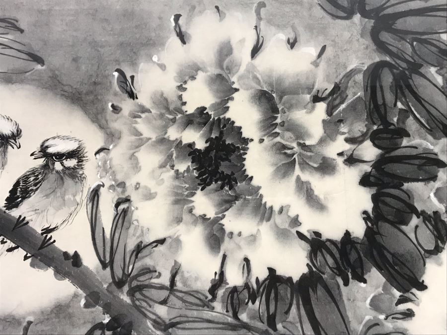 Large Stunning Original Vintage Signed Chinese B&W Painting With Flowers And Pair Of Birds 52W X 27H [Photo 9]