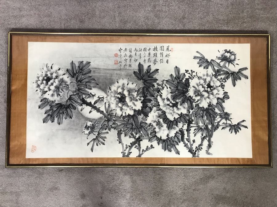 Large Stunning Original Vintage Signed Chinese B&W Painting With Flowers And Pair Of Birds 52W X 27H