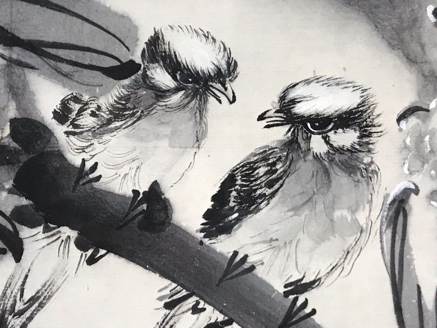 Large Stunning Original Vintage Signed Chinese B&W Painting With Flowers And Pair Of Birds 52W X 27H [Photo 7]
