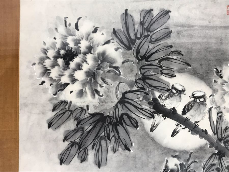 Large Stunning Original Vintage Signed Chinese B&W Painting With Flowers And Pair Of Birds 52W X 27H [Photo 19]