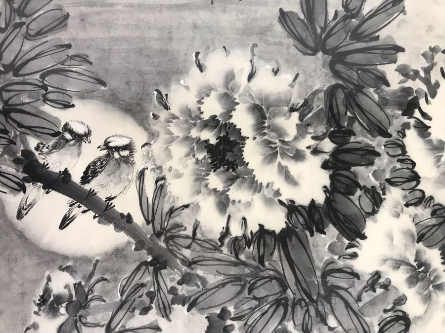 Large Stunning Original Vintage Signed Chinese B&W Painting With Flowers And Pair Of Birds 52W X 27H [Photo 8]