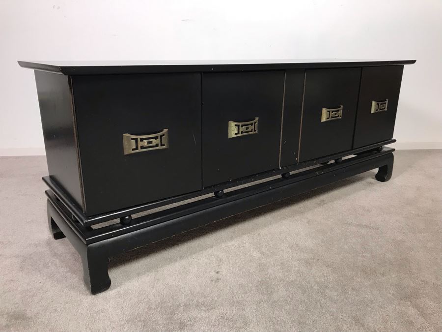 Black Wooden Chinoiserie Low Profile Cabinet With Decorative Brass Pulls 60W X 18D X 23H (Ocean Hills Estate - OHE) [Photo 8]