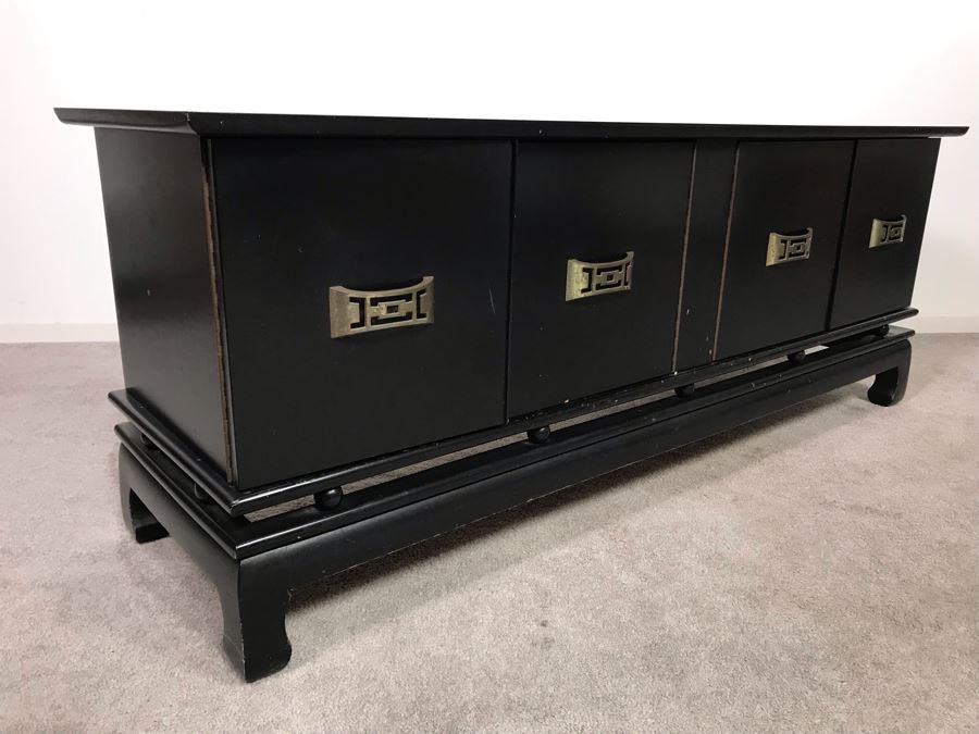 Black Wooden Chinoiserie Low Profile Cabinet With Decorative Brass Pulls 60W X 18D X 23H (Ocean Hills Estate - OHE) [Photo 2]