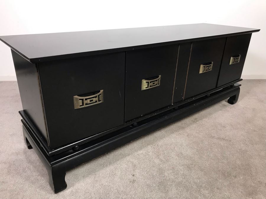 Black Wooden Chinoiserie Low Profile Cabinet With Decorative Brass Pulls 60W X 18D X 23H (Ocean Hills Estate - OHE) [Photo 7]