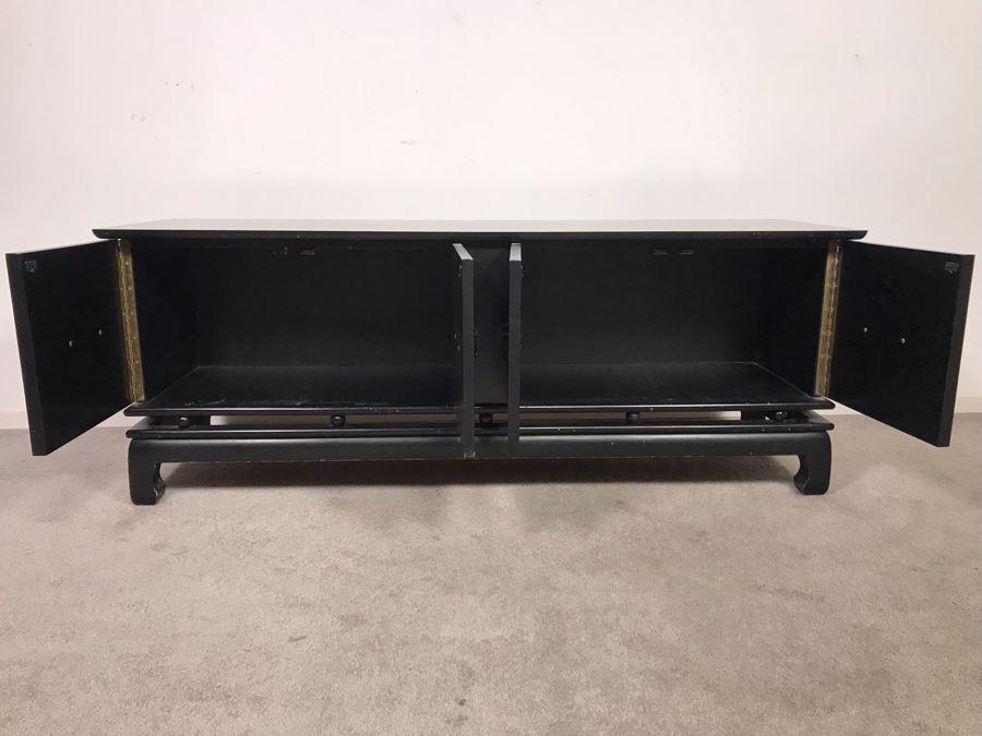 Black Wooden Chinoiserie Low Profile Cabinet With Decorative Brass Pulls 60W X 18D X 23H (Ocean Hills Estate - OHE) [Photo 5]