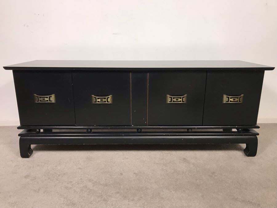 Black Wooden Chinoiserie Low Profile Cabinet With Decorative Brass Pulls 60W X 18D X 23H (Ocean Hills Estate - OHE) [Photo 4]